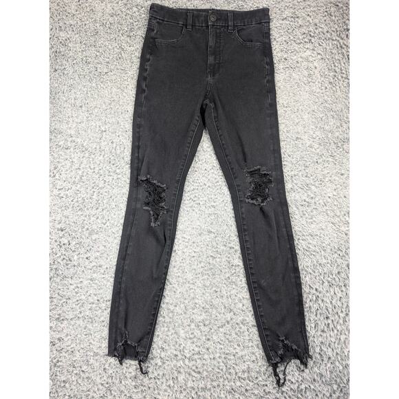 American Eagle Jeans Women 4 Black Distressed Denim Curvy Super Hi Rise Jegging - Picture 3 of 11